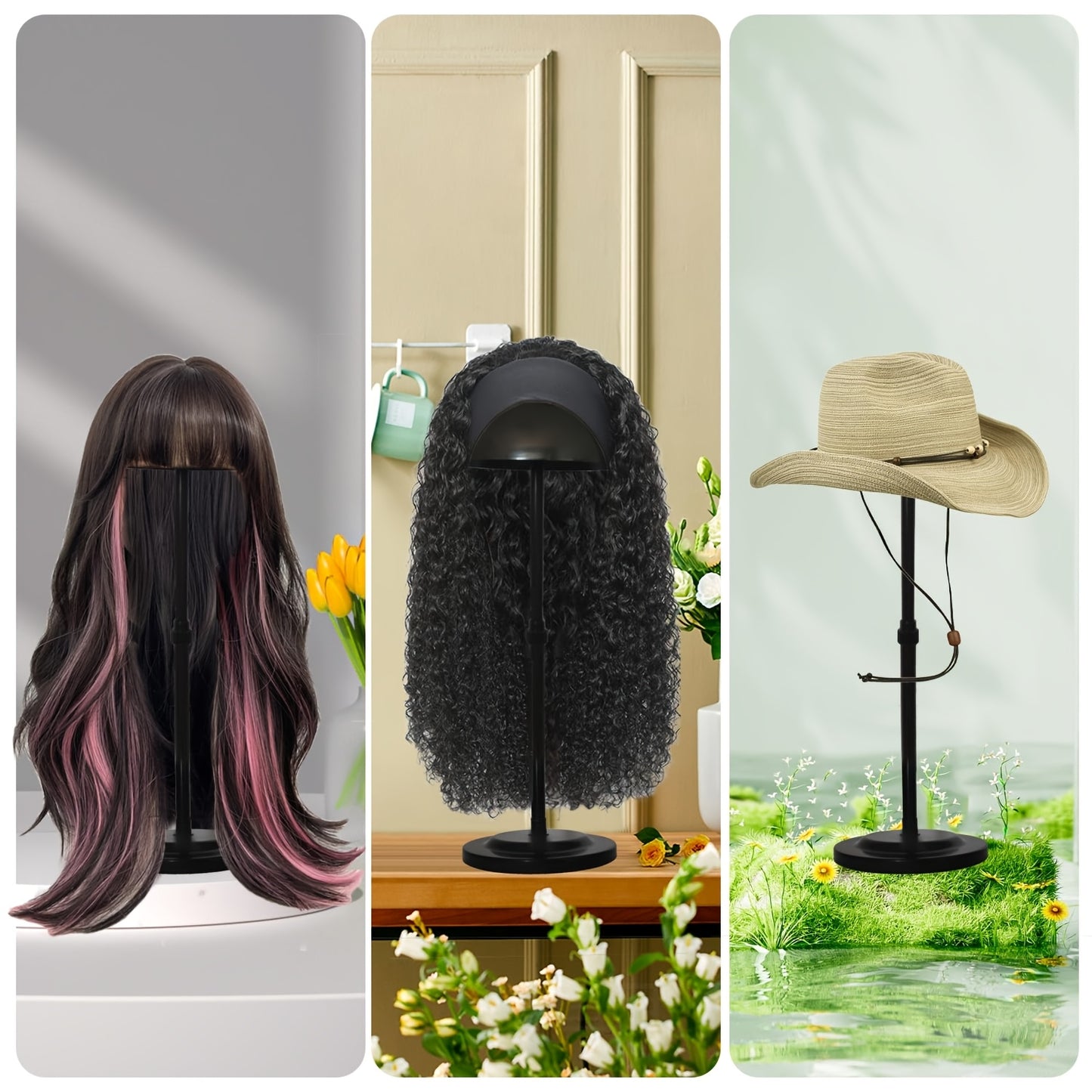 2 Black Plastic Wig Stands | Adjustable Height, Portable, Non-Slip, Sturdy for Multiple Wigs and Hats Styling, Drying, Display