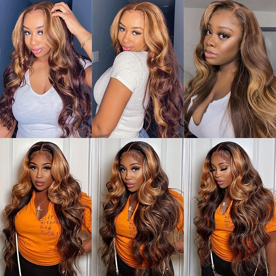 Human Hair Wig with Blonde Highlights And Body Wave Style, Featuring a 4X4 Lace Closure. This High-Gloss, Glueless Lace Front Wig in Color 4\u002F27 Is Designed for Women