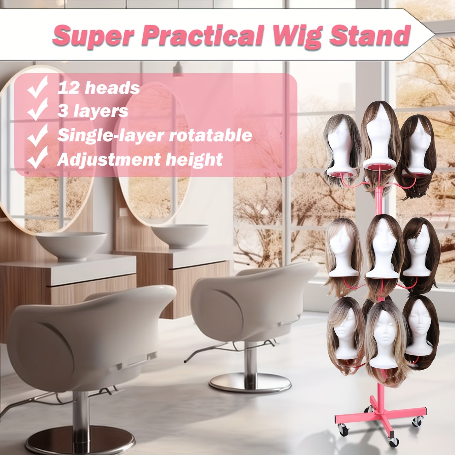 Wig Head Stand for Styling 12-Head Wig Holder for Multiple Wigs Display Mannequin Head Stand Tripod Metal Wig Organizer Storage Rack - Patent Protected
