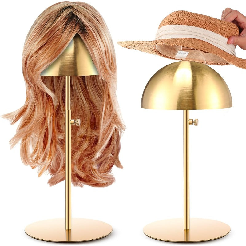 2pcs Sintuff Adjustable Height Hat & Wig Display Stand - Heavy-Duty Golden Plated ( Golden) Anti-Rust Wig Holder with Non-Slip Base, Adjustable 7.9\