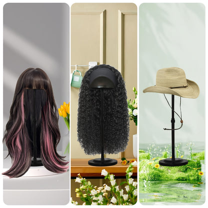 2 Black Plastic Wig Stands | Adjustable Height, Portable, Non-Slip, Sturdy for Multiple Wigs and Hats Styling, Drying, Display