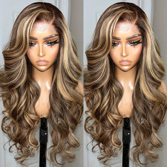 Human Hair Wig with Blonde Highlights And Body Wave Style, Featuring a 4X4 Lace Closure. This High-Gloss, Glueless Lace Front Wig in Color 4\u002F27 Is Designed for Women