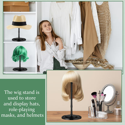 2 Black Plastic Wig Stands | Adjustable Height, Portable, Non-Slip, Sturdy for Multiple Wigs and Hats Styling, Drying, Display