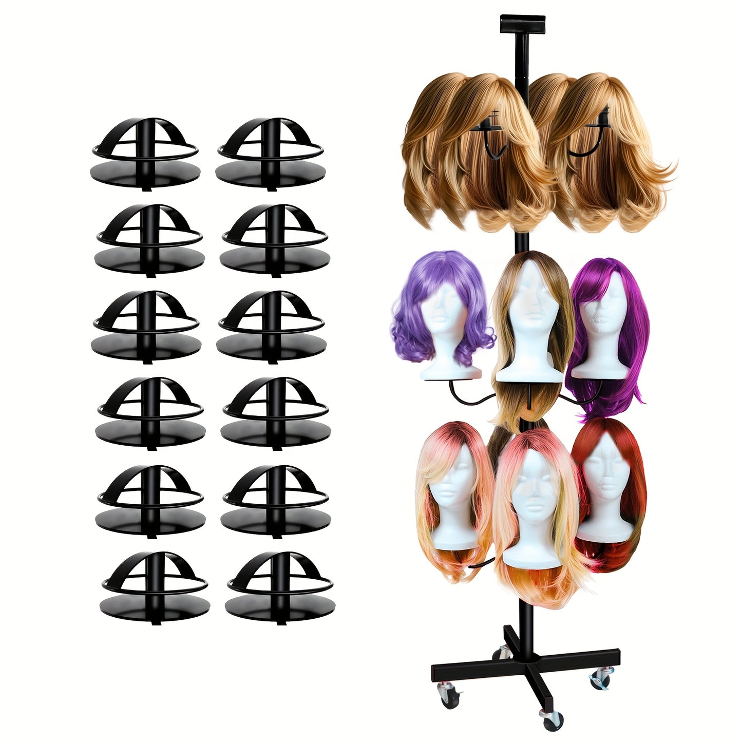 Wig Head Stand for Styling 12-Head Wig Holder for Multiple Wigs Display Mannequin Head Stand Tripod Metal Wig Organizer Storage Rack - Patent Protected