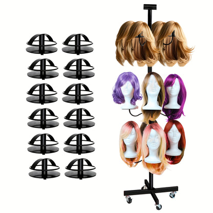 Wig Head Stand for Styling 12-Head Wig Holder for Multiple Wigs Display Mannequin Head Stand Tripod Metal Wig Organizer Storage Rack - Patent Protected