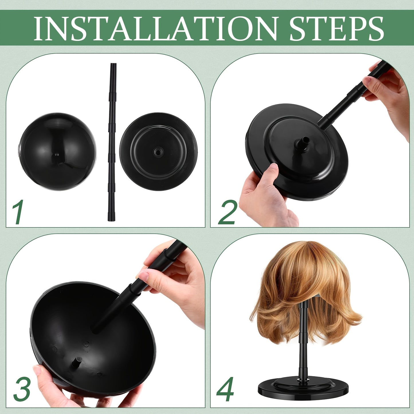 2 Black Plastic Wig Stands | Adjustable Height, Portable, Non-Slip, Sturdy for Multiple Wigs and Hats Styling, Drying, Display