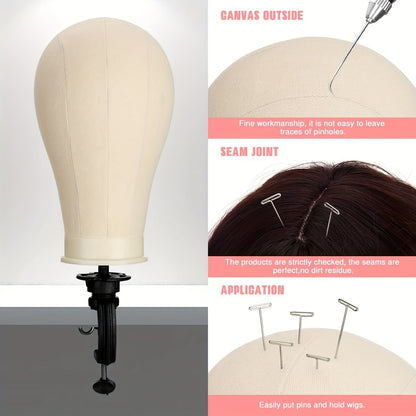 23-Inch Canvas Block Wig Head, Tripod Wig Stand with Head, Mannequin Head for Wigs, T-Pins, And Bristle Brush