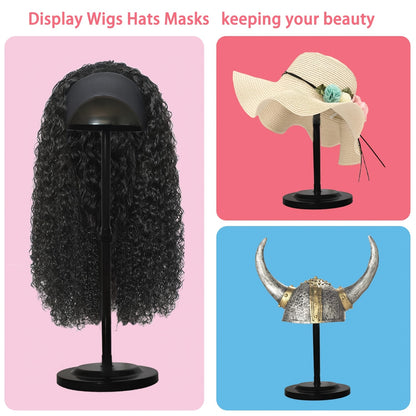 2 Black Plastic Wig Stands | Adjustable Height, Portable, Non-Slip, Sturdy for Multiple Wigs and Hats Styling, Drying, Display