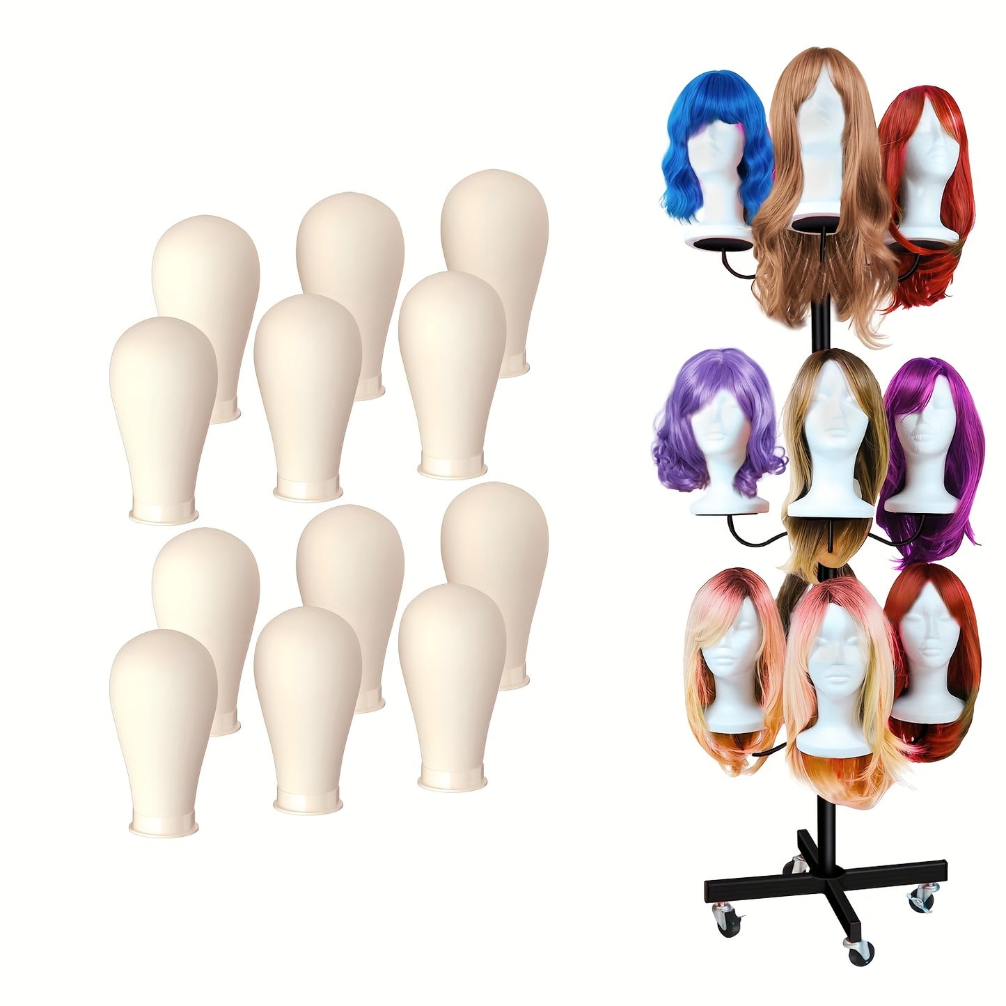 Wig Head Stand for Styling 12-Head Wig Holder for Multiple Wigs Display Mannequin Head Stand Tripod Metal Wig Organizer Storage Rack - Patent Protected