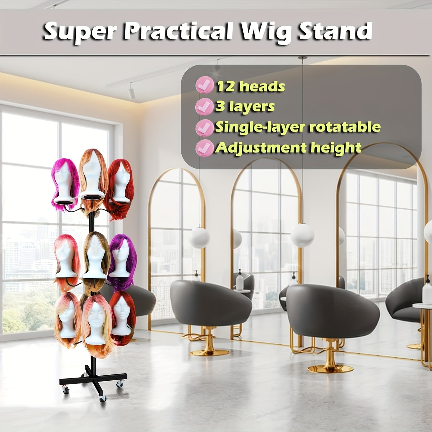 Wig Head Stand for Styling 12-Head Wig Holder for Multiple Wigs Display Mannequin Head Stand Tripod Metal Wig Organizer Storage Rack - Patent Protected