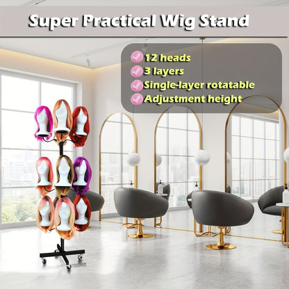 Wig Head Stand for Styling 12-Head Wig Holder for Multiple Wigs Display Mannequin Head Stand Tripod Metal Wig Organizer Storage Rack - Patent Protected