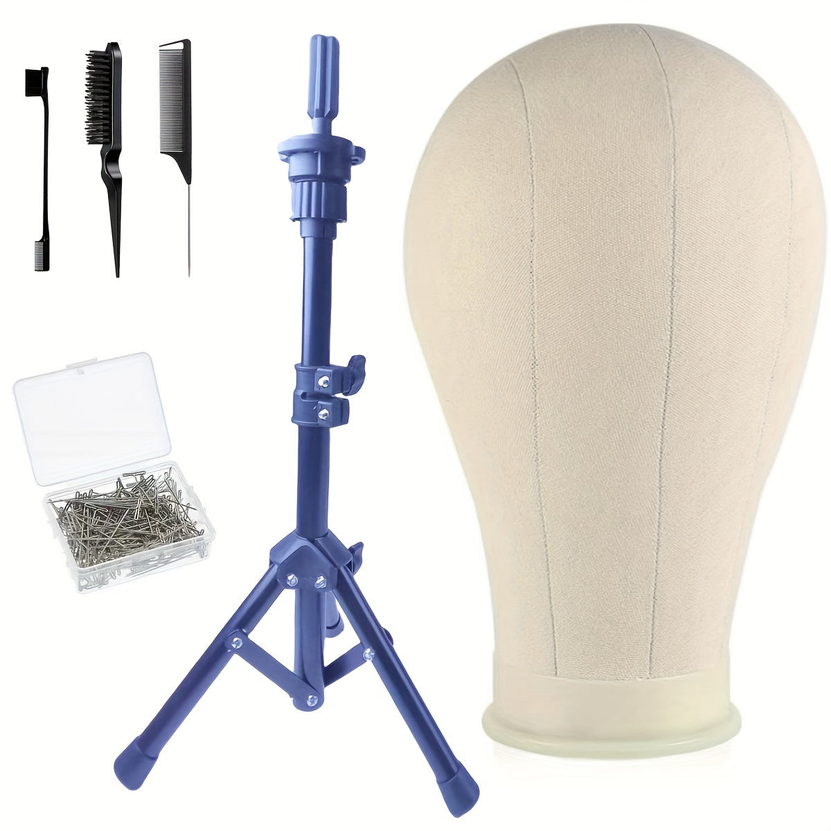 23-Inch Canvas Block Wig Head, Tripod Wig Stand with Head, Mannequin Head for Wigs, T-Pins, And Bristle Brush
