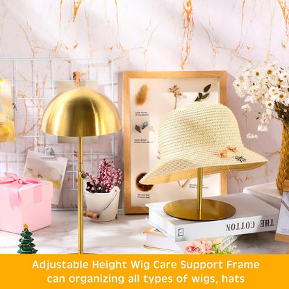 2pcs Sintuff Adjustable Height Hat & Wig Display Stand - Heavy-Duty Golden Plated ( Golden) Anti-Rust Wig Holder with Non-Slip Base, Adjustable 7.9\