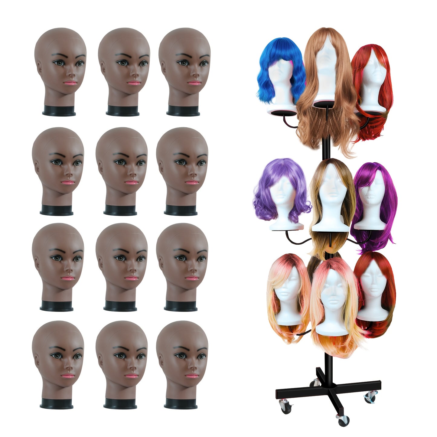 Wig Head Stand for Styling 12-Head Wig Holder for Multiple Wigs Display Mannequin Head Stand Tripod Metal Wig Organizer Storage Rack - Patent Protected